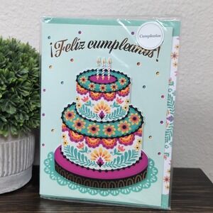 Feliz Cumpleaños! Spanish Birthday Greeting Card Colorful Cake Fiesta‎